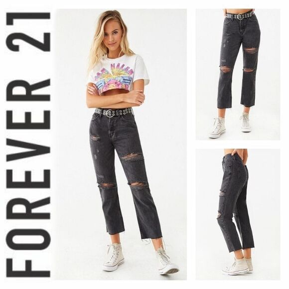 Forever 21 Denim - Forever 21 | Black Larchmont Distressed Slim Straight Leg Jeans | 30